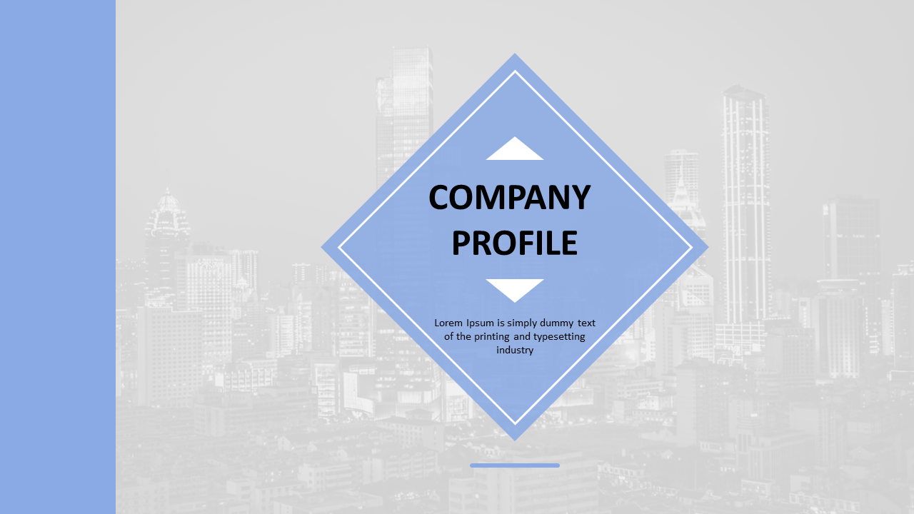 Business profile deck with blue design, highlighting company mission, history, services, team members, and global footprint.