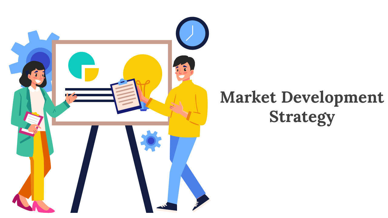 Market development strategy slides featuring animated characters and colorful layout designs with icons.