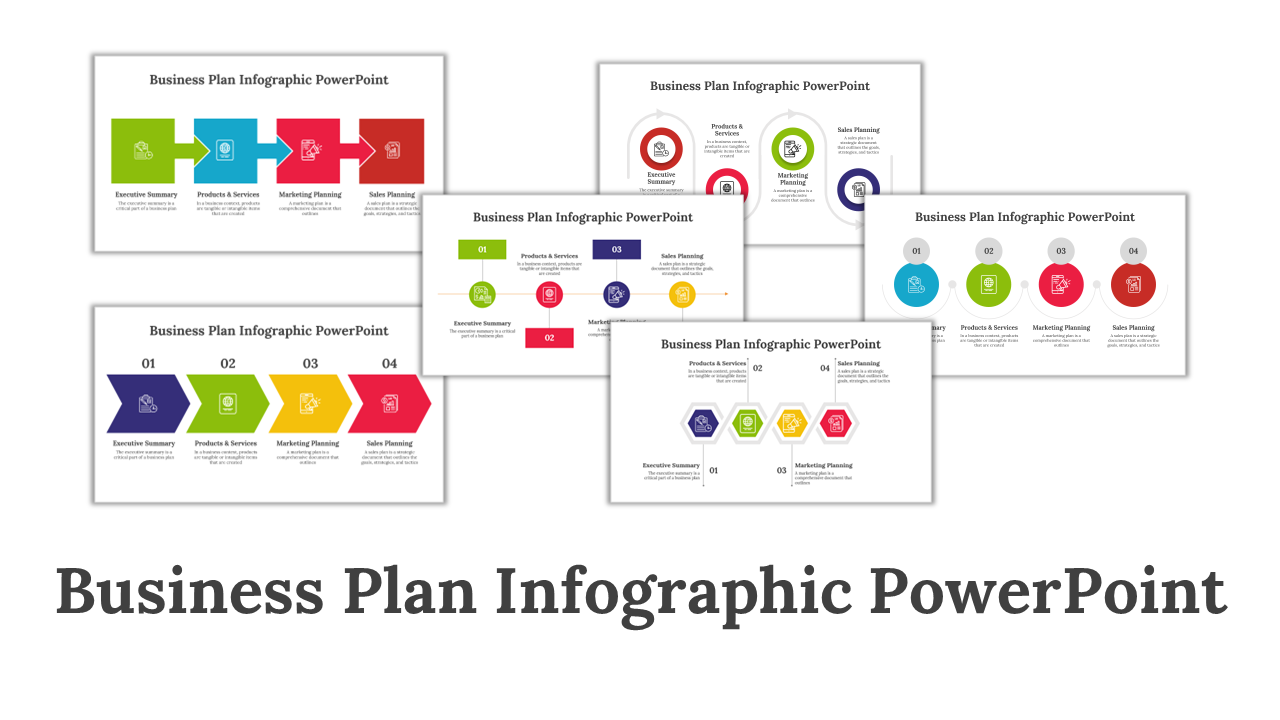 Business plan infographic slides featuring various business plan elements in colorful layouts with icons.