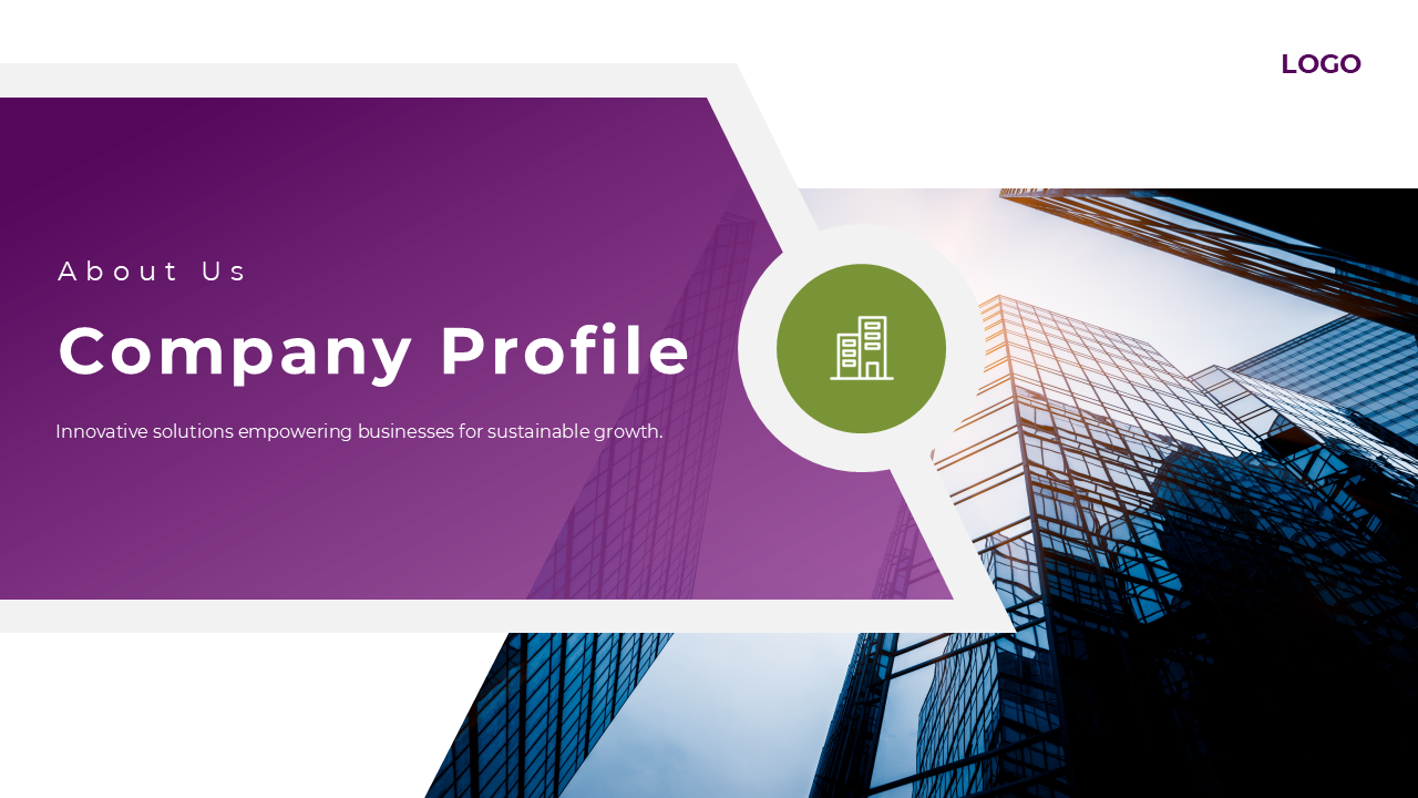 Elegant About Us Company Profile slides featuring a green icon, detailed service sections, and visually appealing layouts.