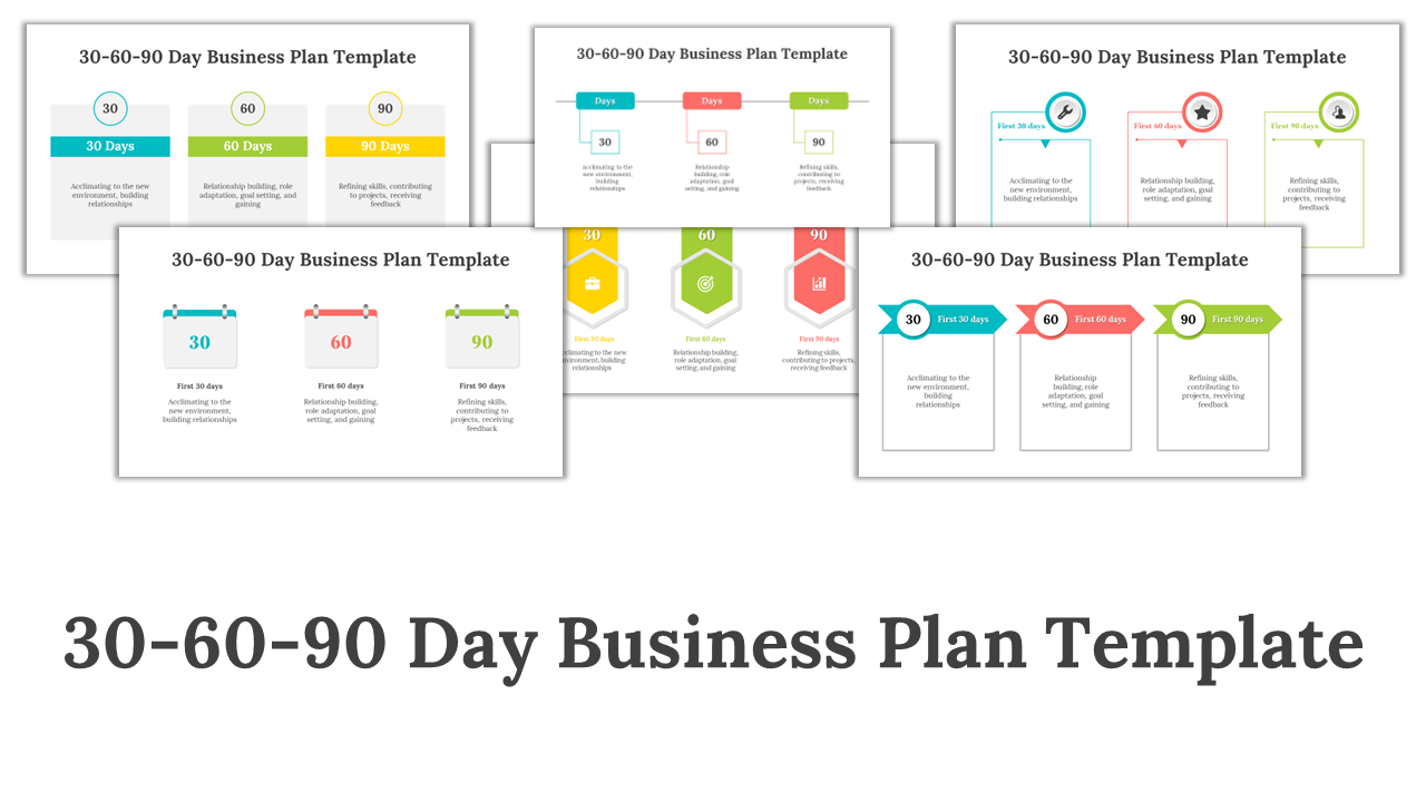 Five 30-60-90 day business plan slide deck showing different layouts with color-coded sections, icons, and timelines.