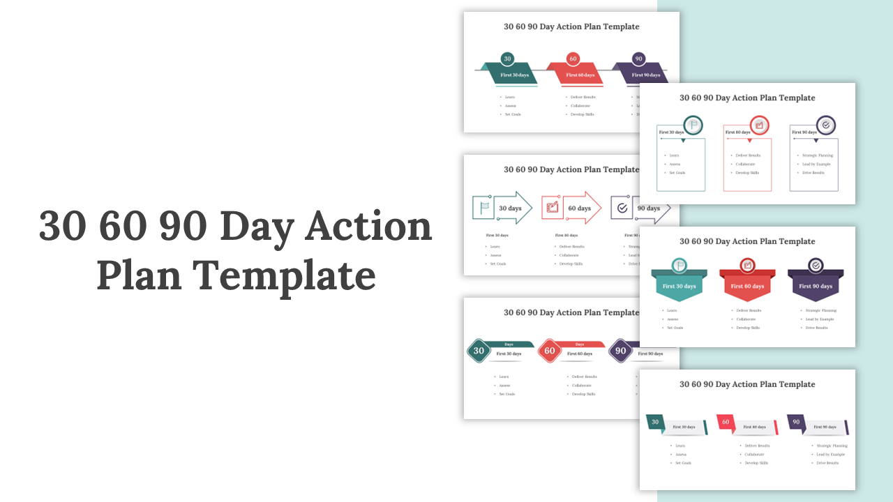 Overview of 30 60 90 day action plan slides with various colorful layouts and designs.