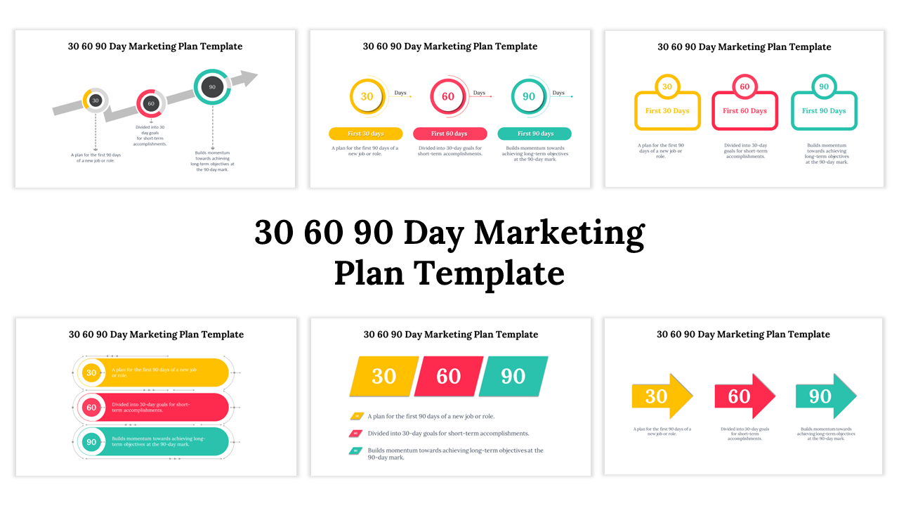 Slide deck showing variations of a 30-60-90 day marketing plan template, with icons, placeholders, and colored sections.