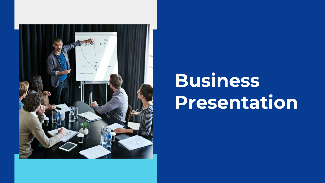 Business slides featuring team collaboration visuals, company mission, market statistics, charts, and contact information.