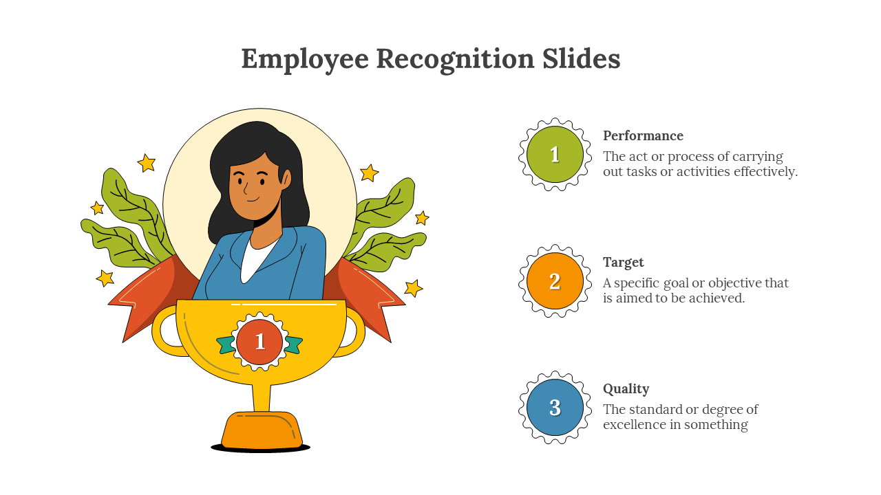 Colorful employee recognition slides with trophy visuals, highlighting performance, target achievement, and quality.