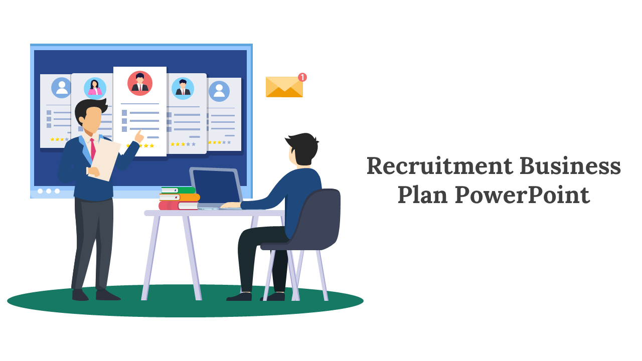 Slide pack features two people discussing profiles on a screen, with recruitment process flows in various colorful layout.