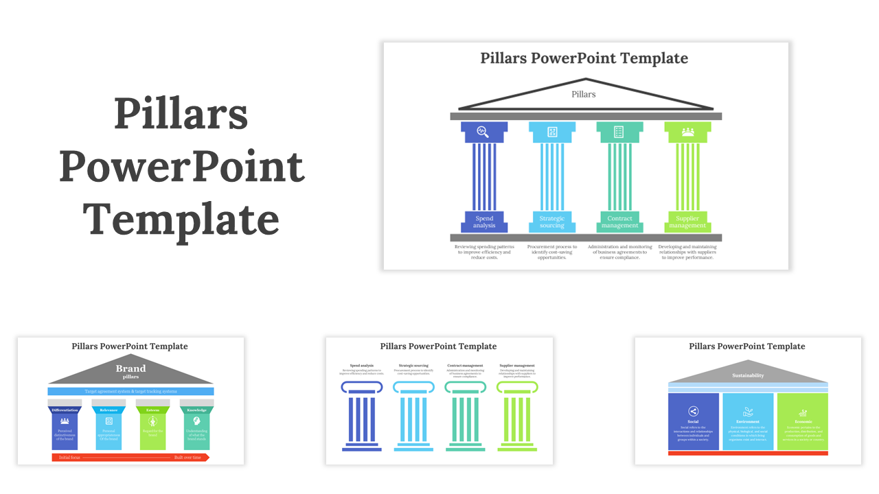 Four pillar-themed PowerPoint slides, each featuring various column designs and labels representing different concepts.