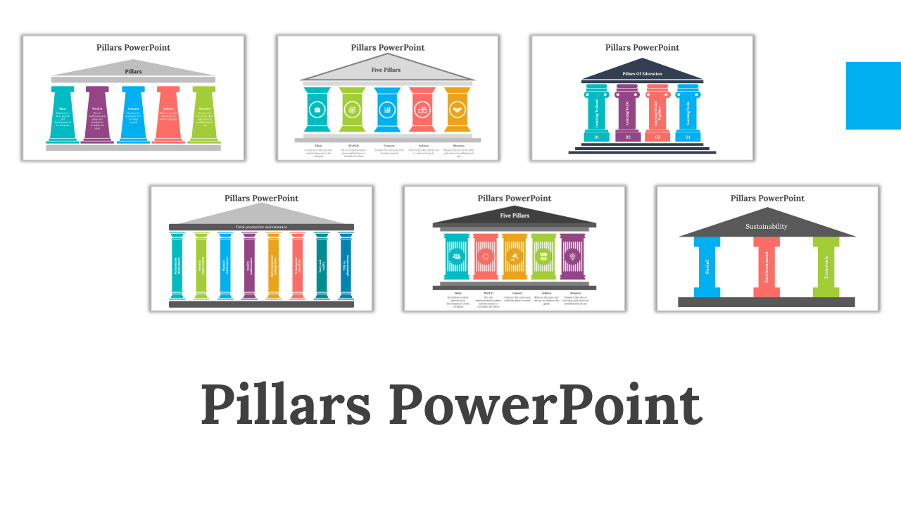 Slide deck featuring colorful pillar diagrams in various layouts, representing different concepts in vibrant tones.