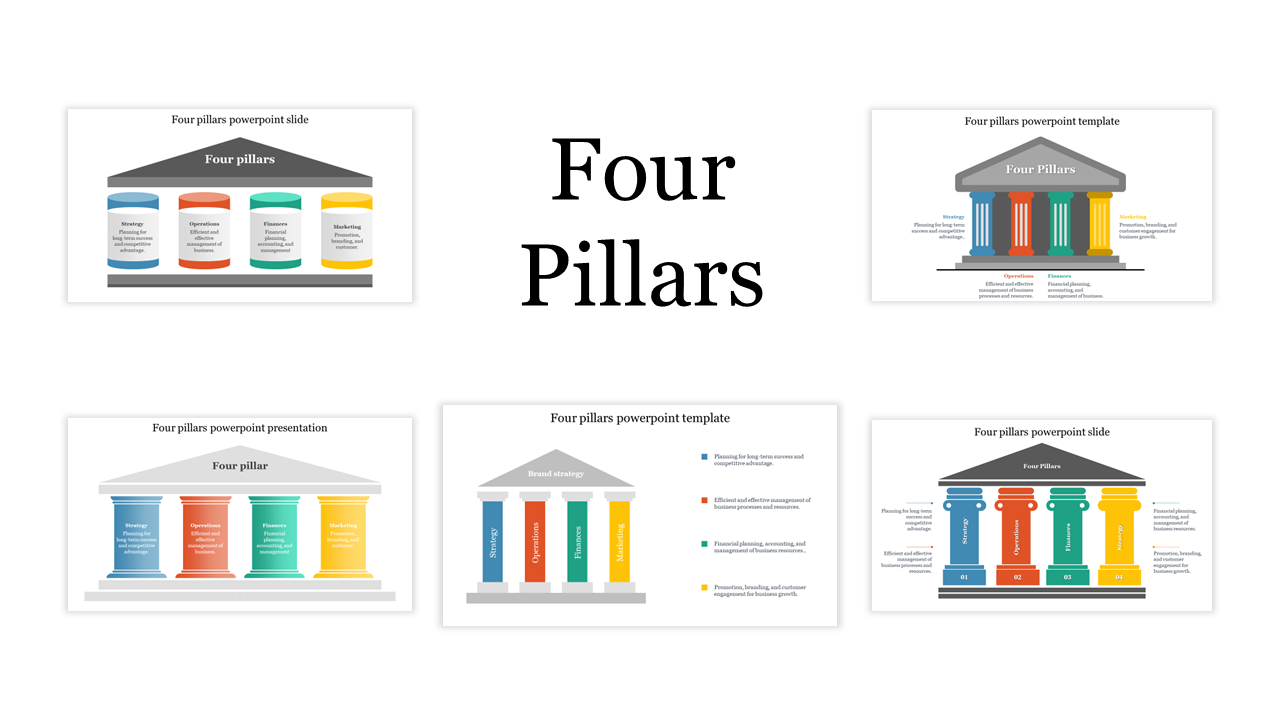 Slide pack featuring four colorful pillars representing key concepts, with each pillar labeled and supported by a base.