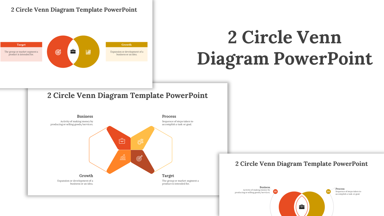 Slides featuring a 2 circle Venn diagram showing overlapping concepts for business and growth with icons.