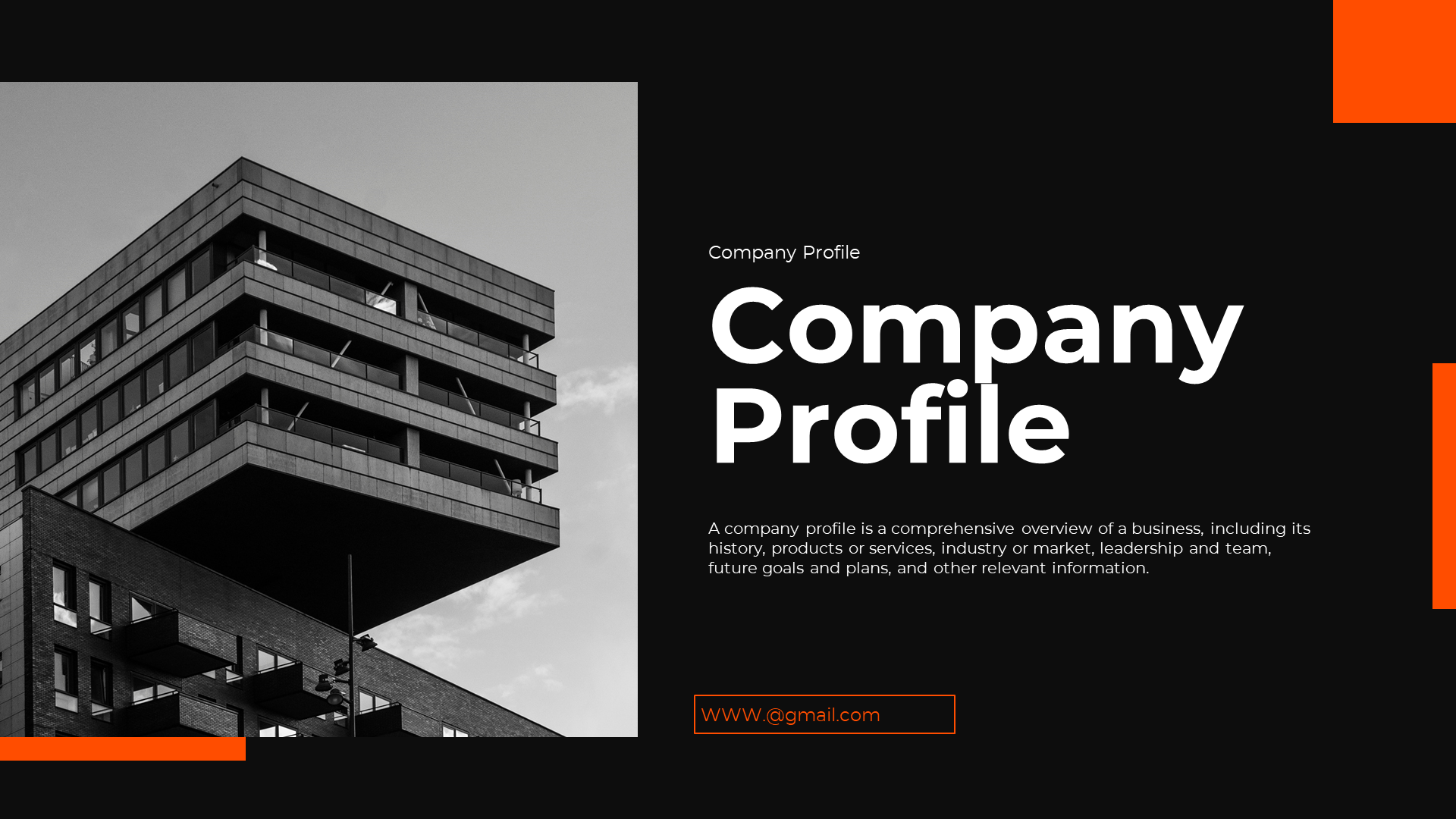 Slide deck with black background and orange accents, and monochrome architectural images for a modern company profile.