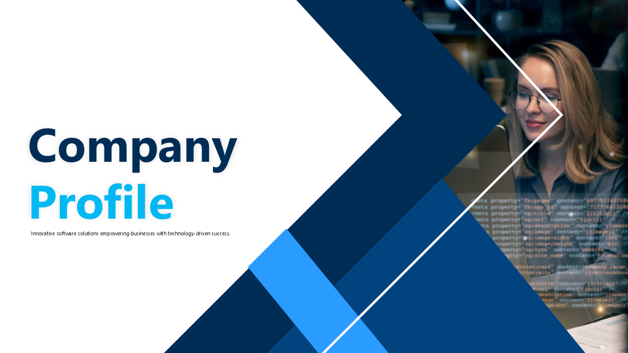 Modern software company profile template with blue design, placeholders for content, and professional visuals.