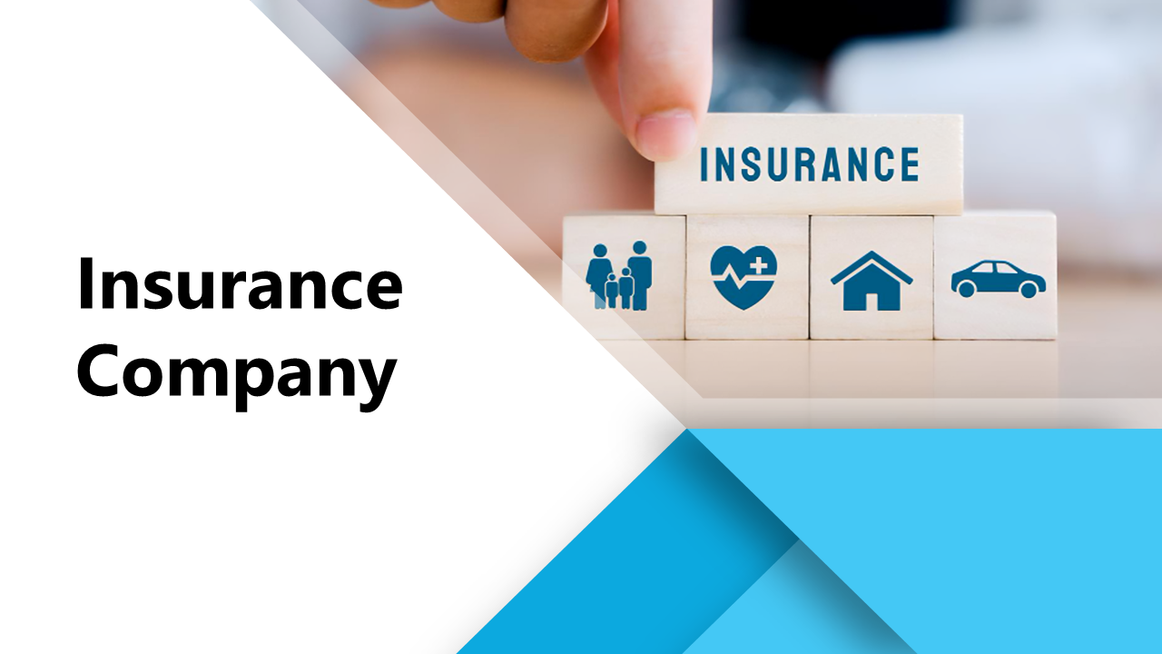 Insurance company slide deck with geometric blue elements, featuring images of financial security, and structured layouts.