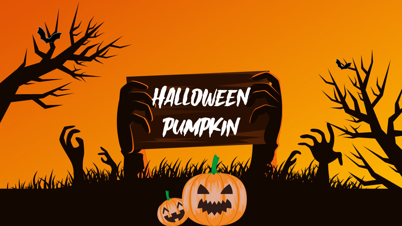 Orange and black slide deck with spooky tree silhouettes and pumpkins, including a central wooden sign and text areas.