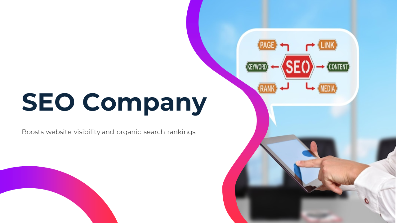 SEO company Slide deck with vibrant pink and purple wave elements, including circular icons and various image placements.