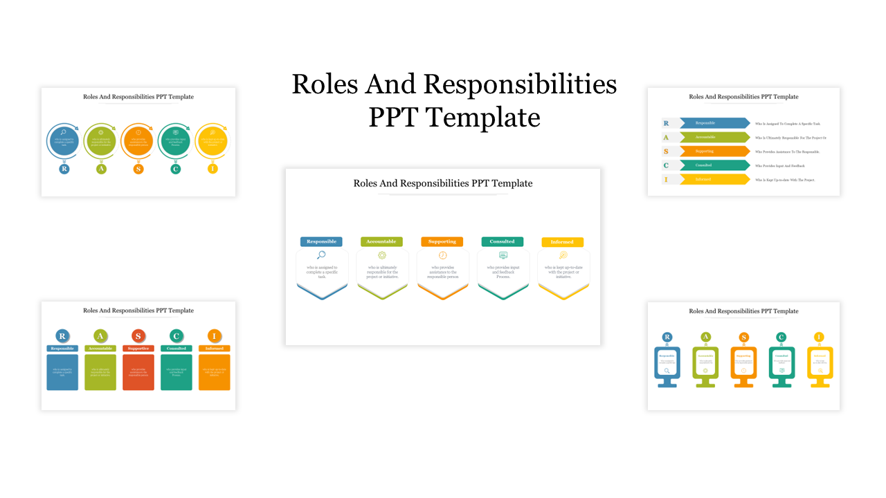 Five-step roles and responsibilities slide deck with additional slide designs featuring icons and lists on the sides.