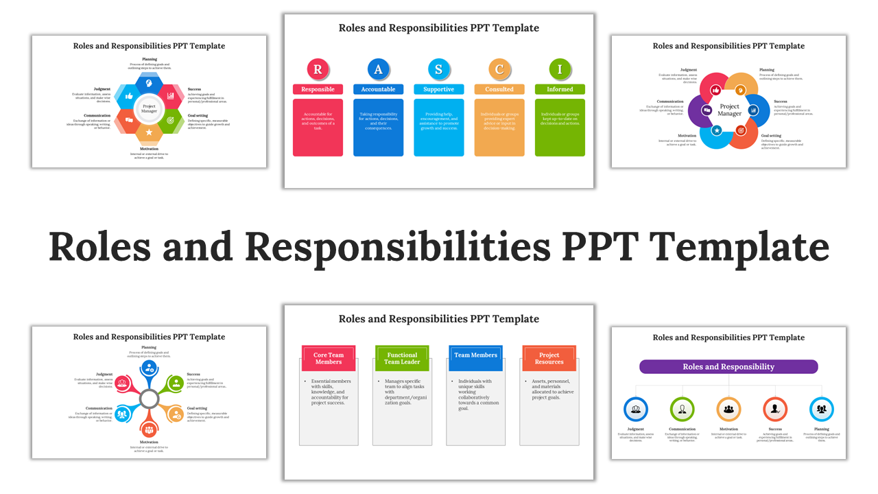 Collection of slides showing roles and responsibilities in diverse shapes and vibrant colors, featuring diagrams and lists.