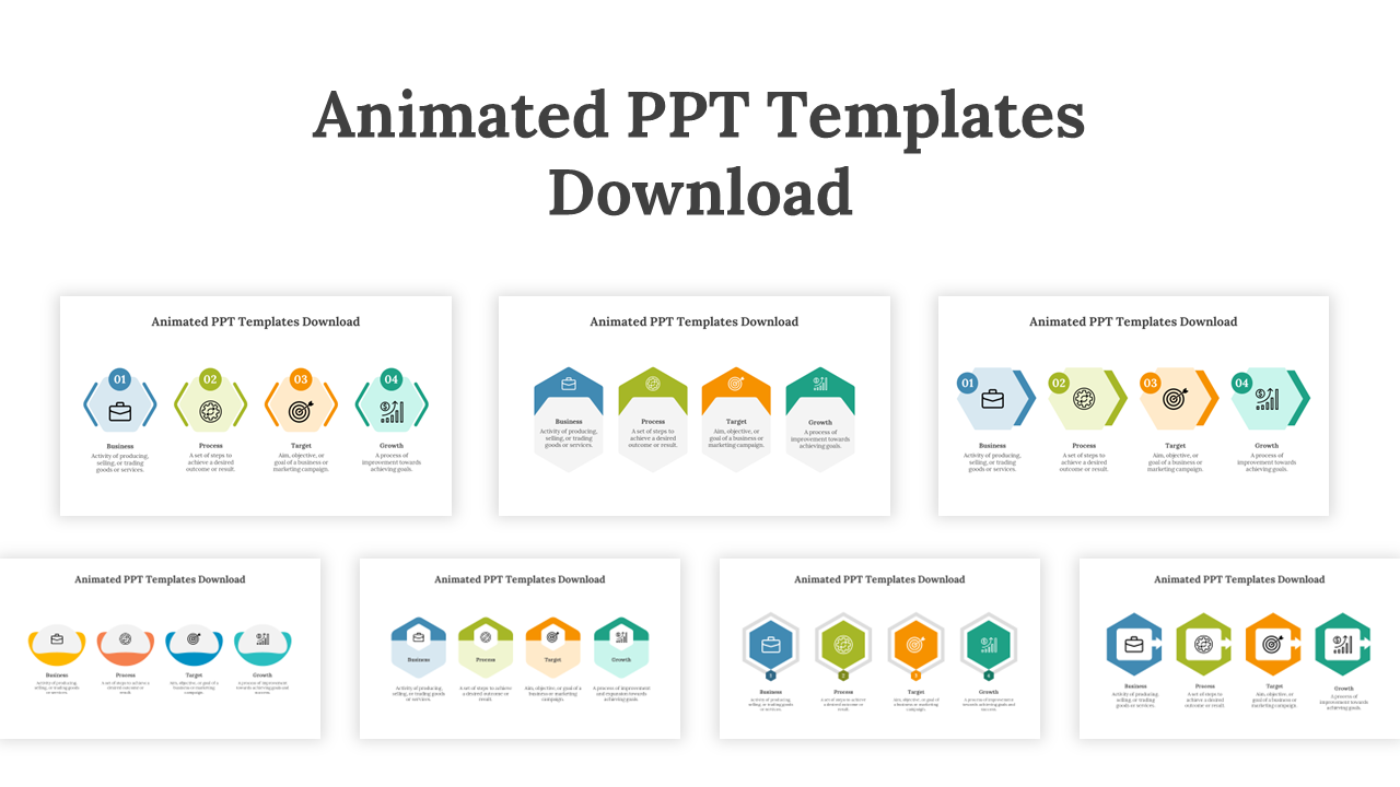 Set of slides with animated elements, focusing on colorful hexagons, circles, and icon based illustrations.