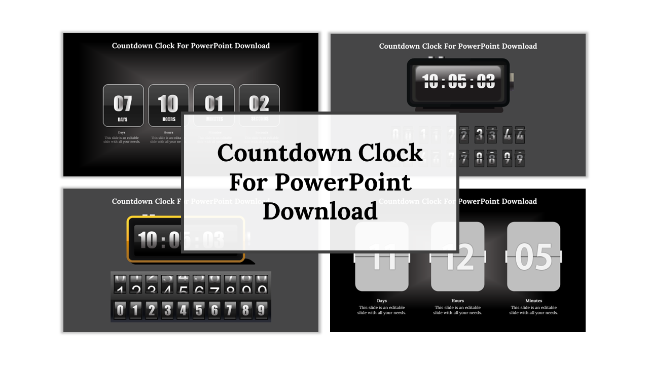 Dark themed countdown clock slides with various timer layouts, including days, hours, and minutes.