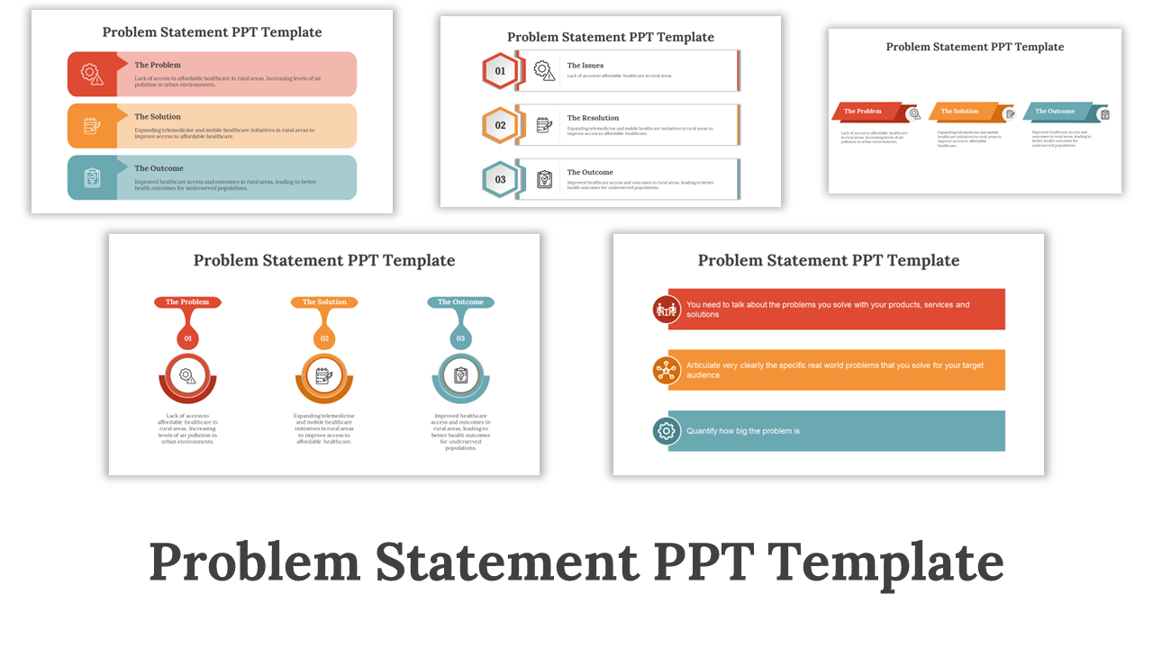 Collage of various problem statement slides featuring different layouts, icons, and color schemes with text area.