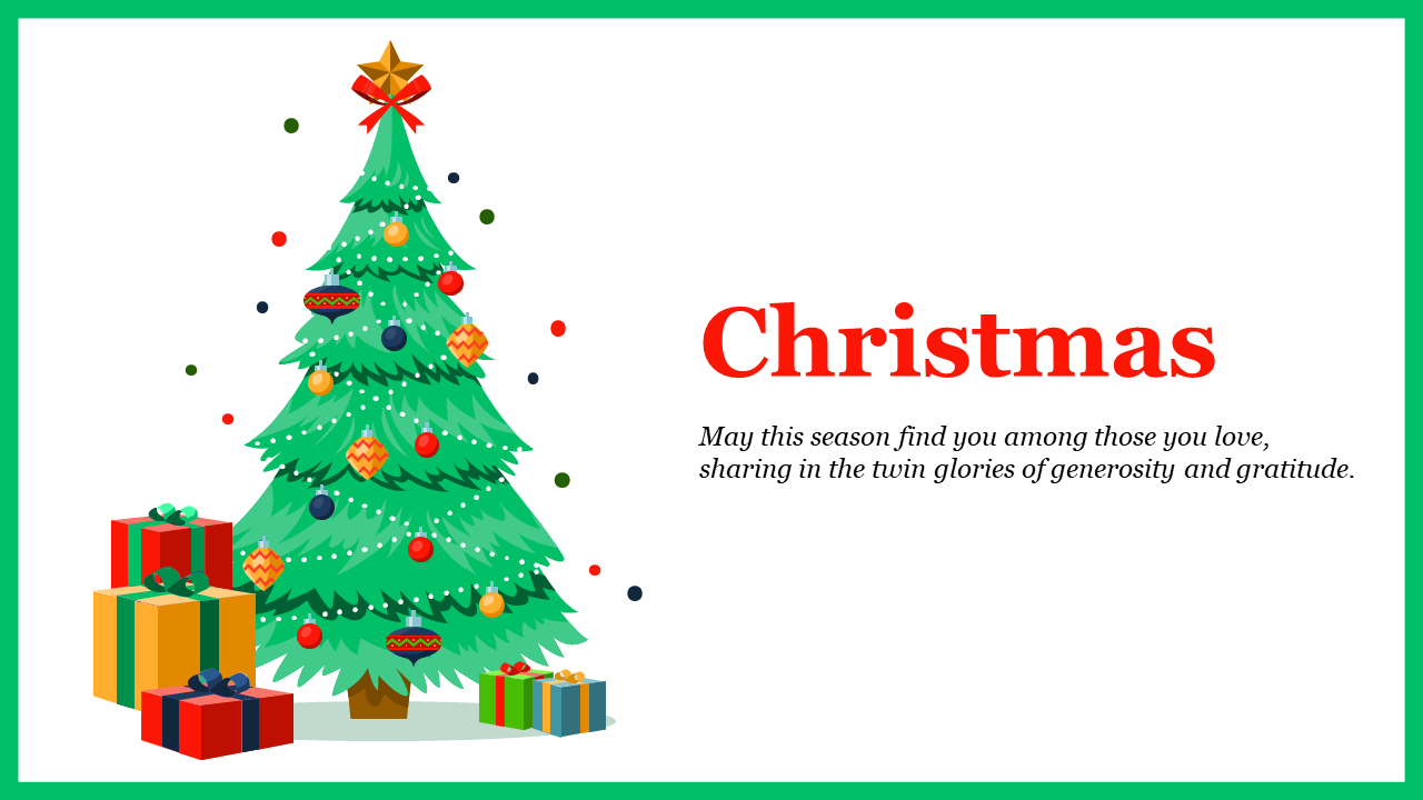 Christmas slide deck with festive tree images, gift boxes, and Santa illustrations, featuring holiday themes and decorations.