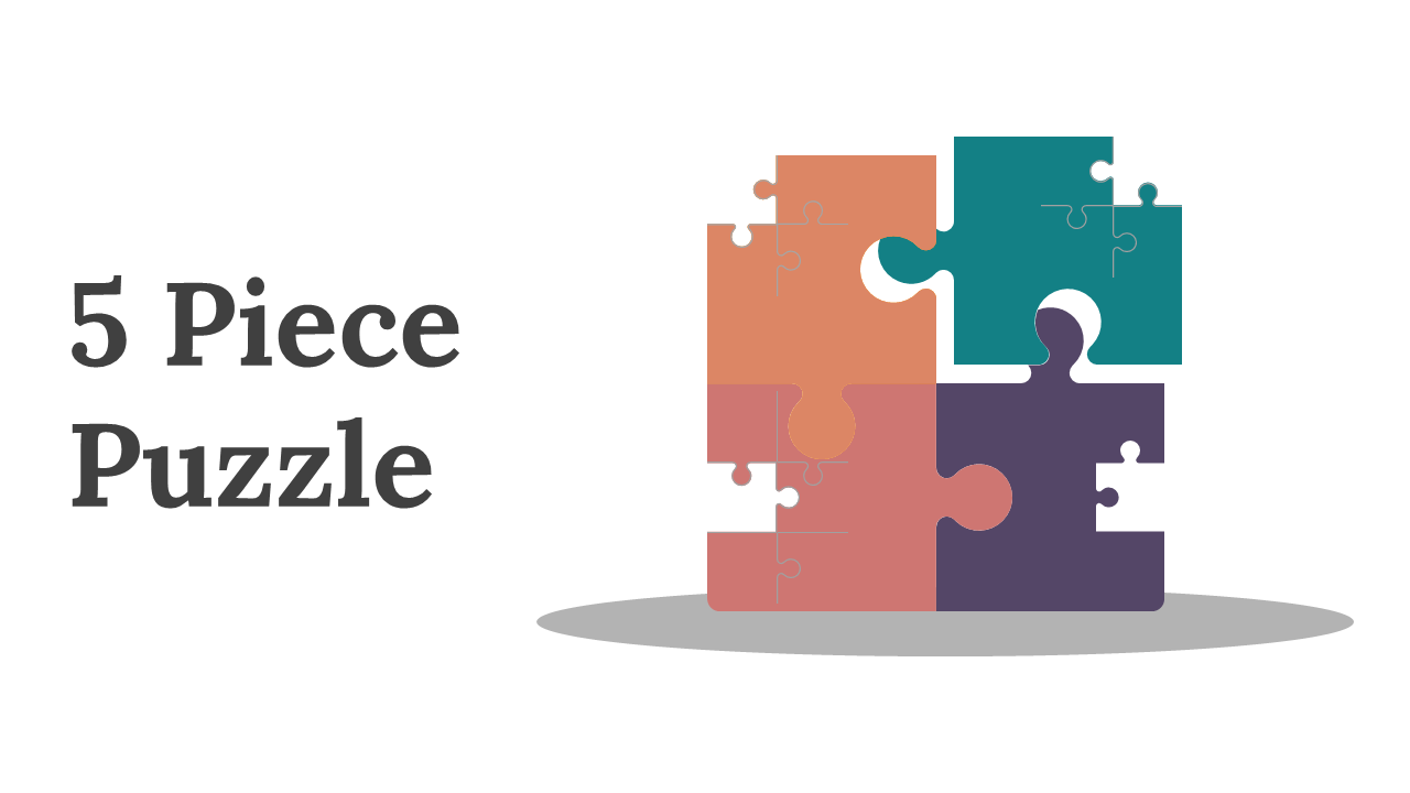 PowerPoint slides showcasing a 5 piece interlocking puzzle with multiple layouts for presentations.