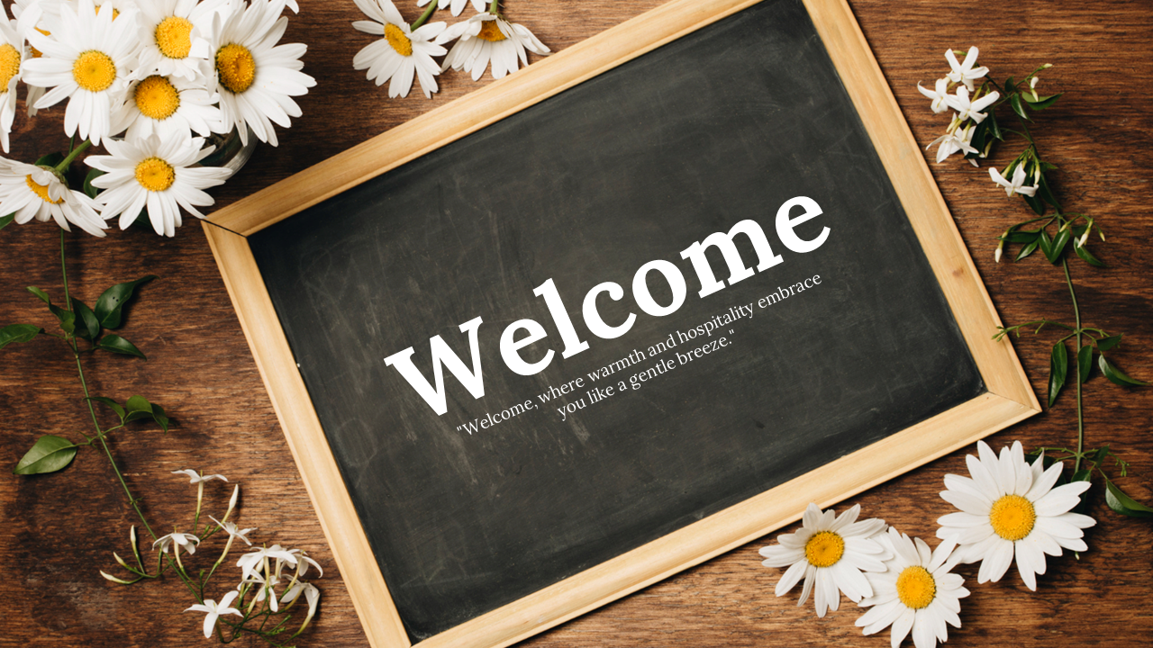 Welcome slides featuring different nature-themed backgrounds, with flowers, leaves, and earthy tones for a warm greeting.