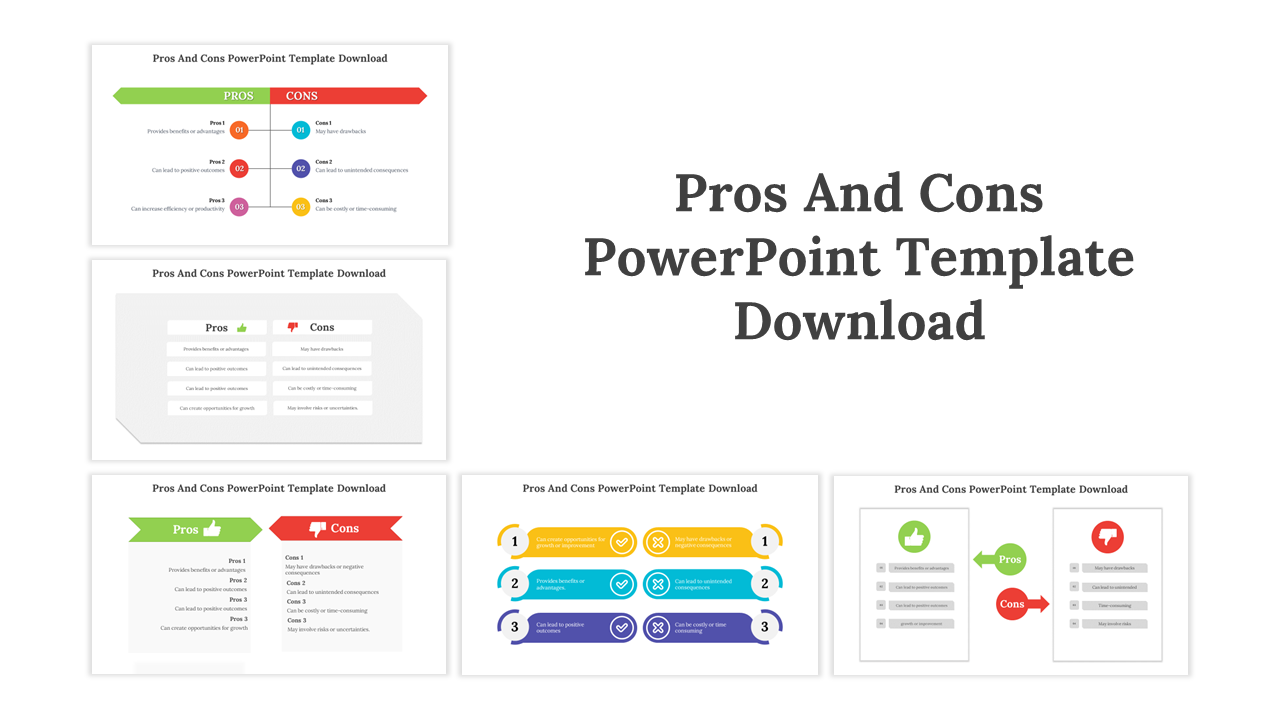 A pack of Pros and cons slides showcasing various colorful design layouts with icons and text.