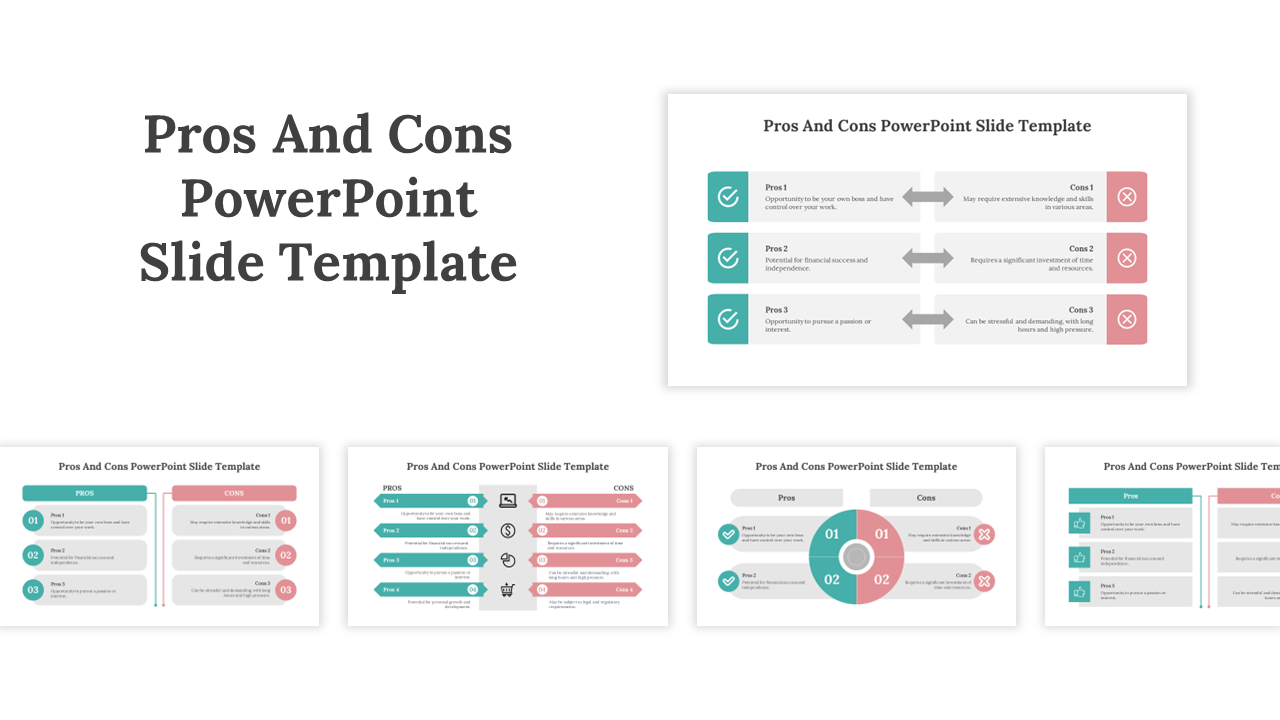 Pros and cons slides with various layouts for comparing positive and negative points in a clean, modern design.