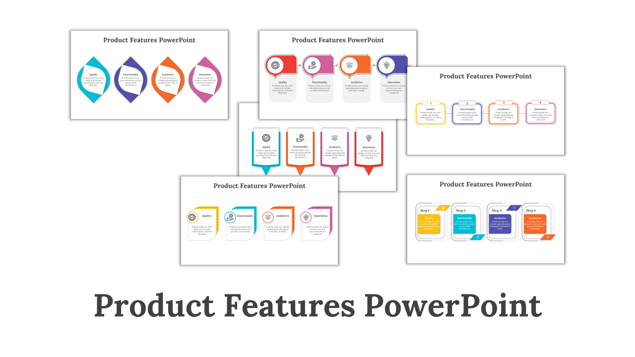 A collage of various products features PowerPoint templates showcasing different slide designs and colorful layouts.