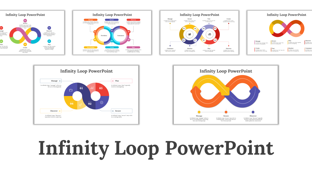 Slide deck with colorful loops, illustrating continuous processes with sections on stages and workflow steps.