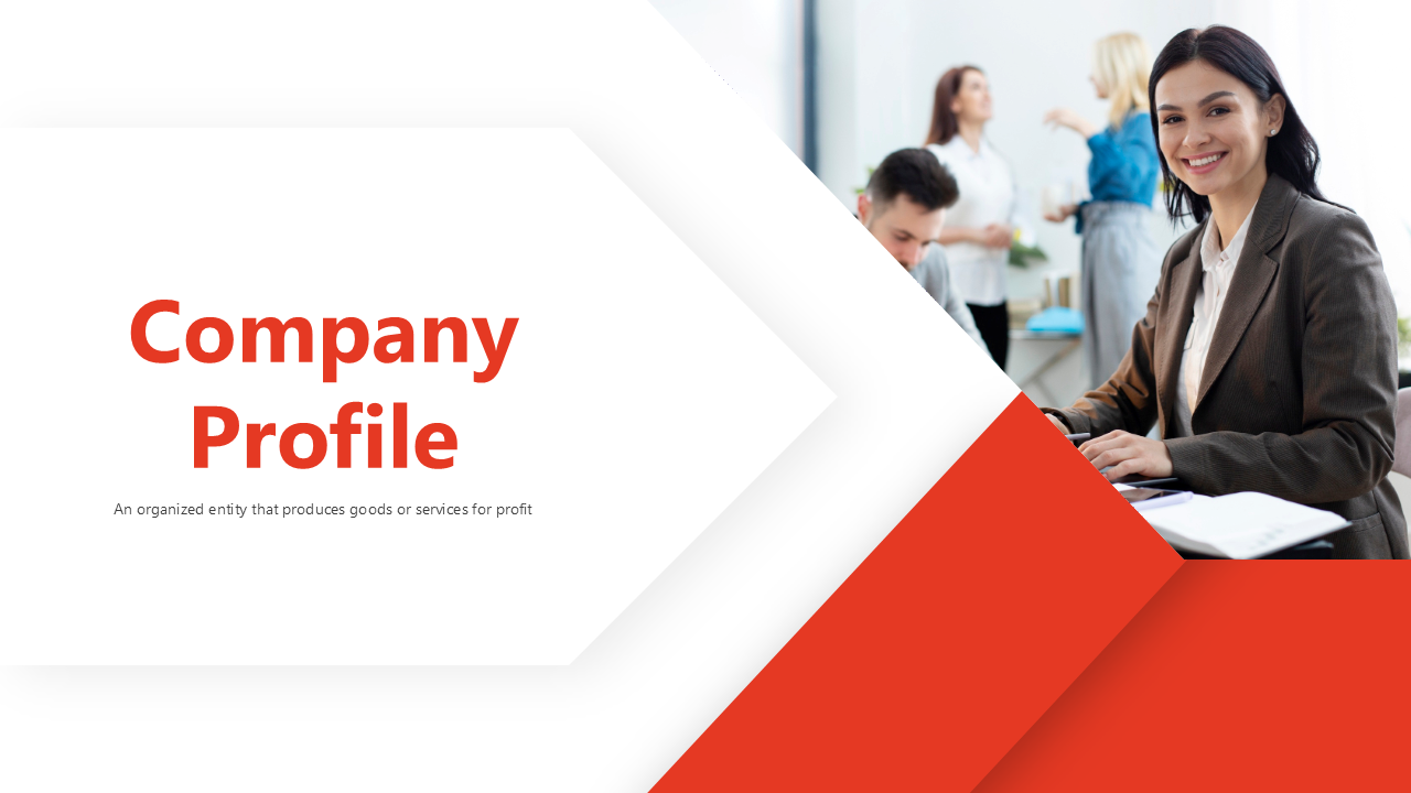 Company profile PPT with red and white accents, business visuals, team photos, graphs, and structured text sections.