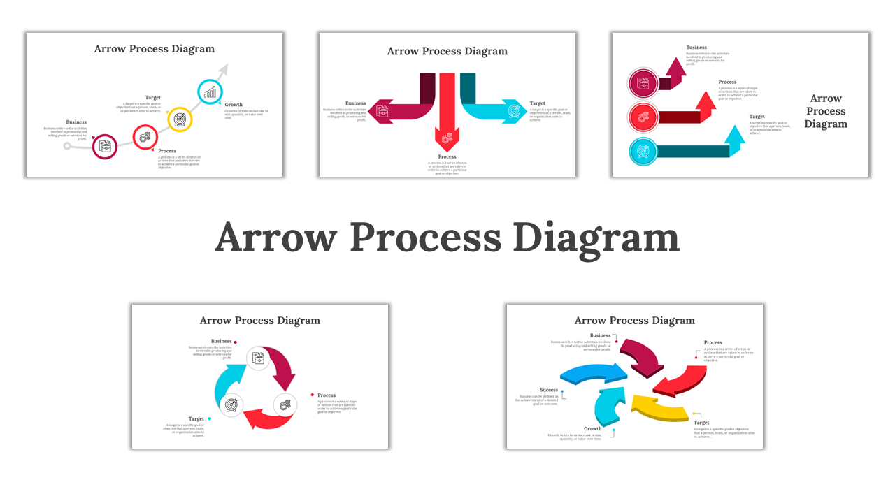 A pack of arrow process diagram slides with icons and text descriptions with different colorful layout designs.