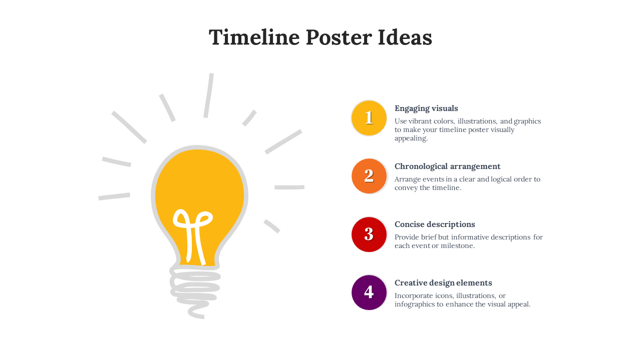 Timeline slide pack with lightbulb, and 4 colorful tips, using icons, milestones, and colored blocks.