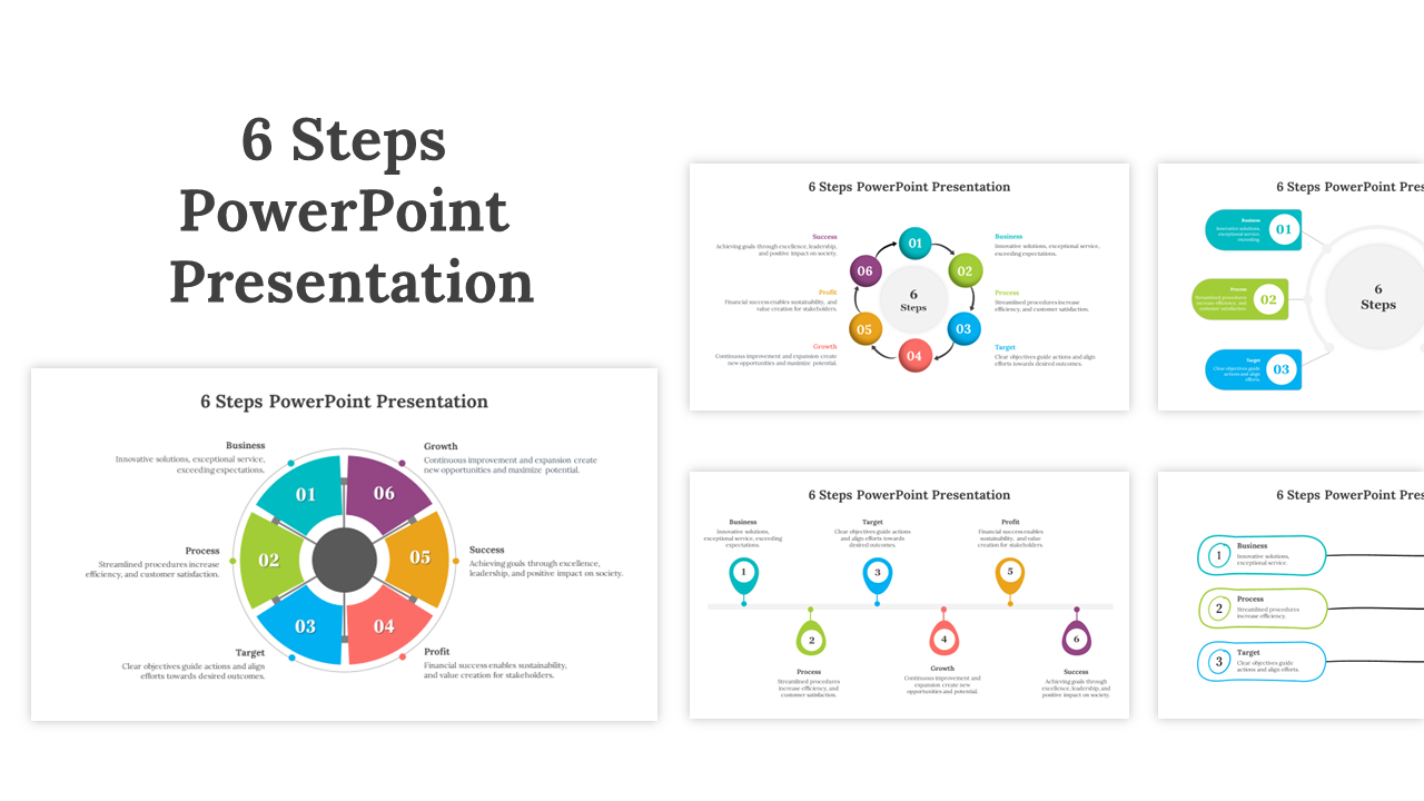 Visual collage of 6 steps slides featuring various design layouts and colorful icons with text sections.