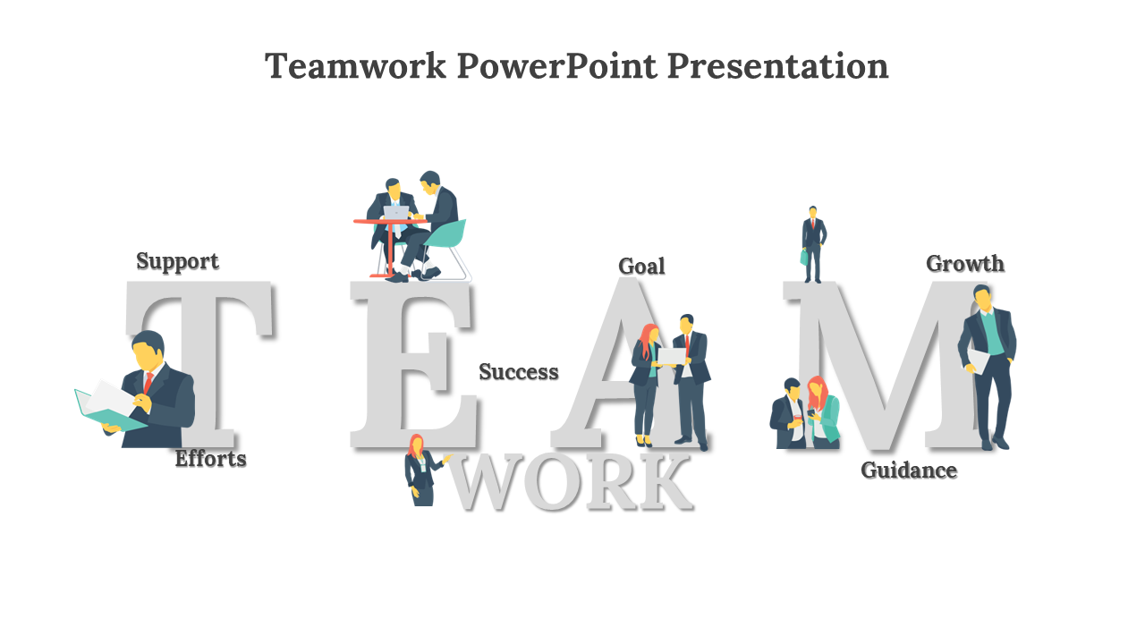 Slide pack with teamwork visuals, starting with letters and illustrations, followed by various teamwork related diagrams.