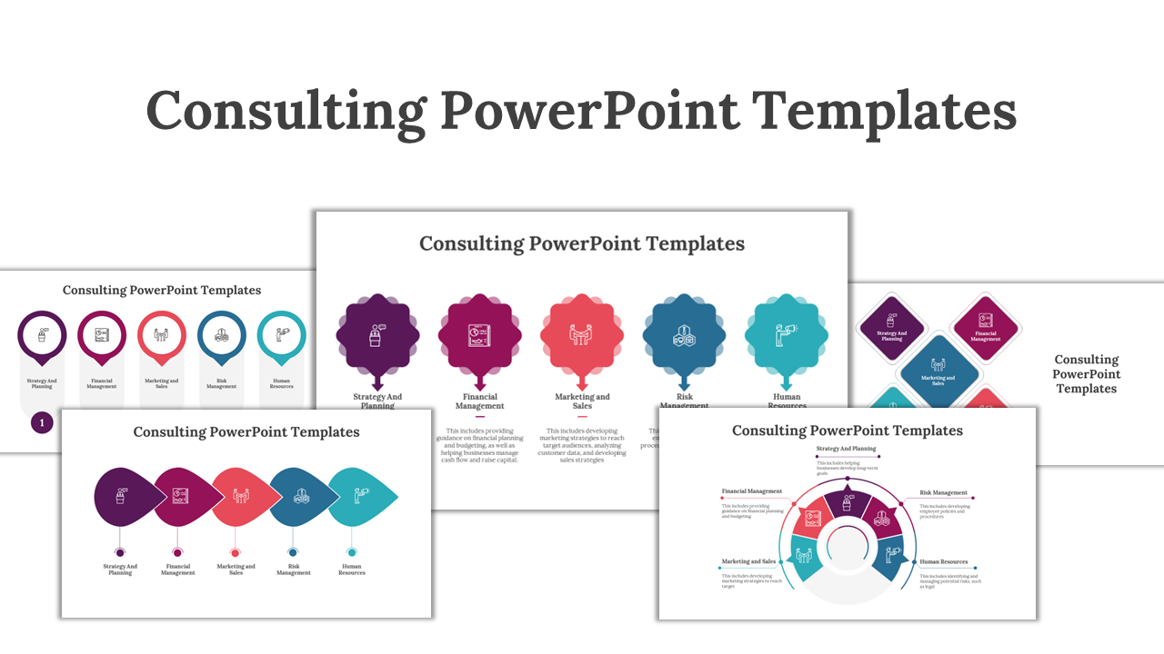 Slide deck with multicolored geometric shapes, circular diagrams, and text boxes detailing consulting strategies.