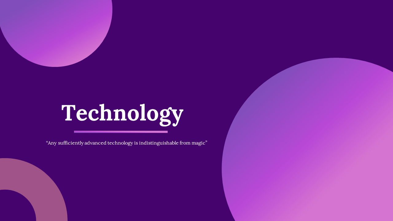 Slide deck with a purple gradient theme featuring circular accents, covering various technology topics.