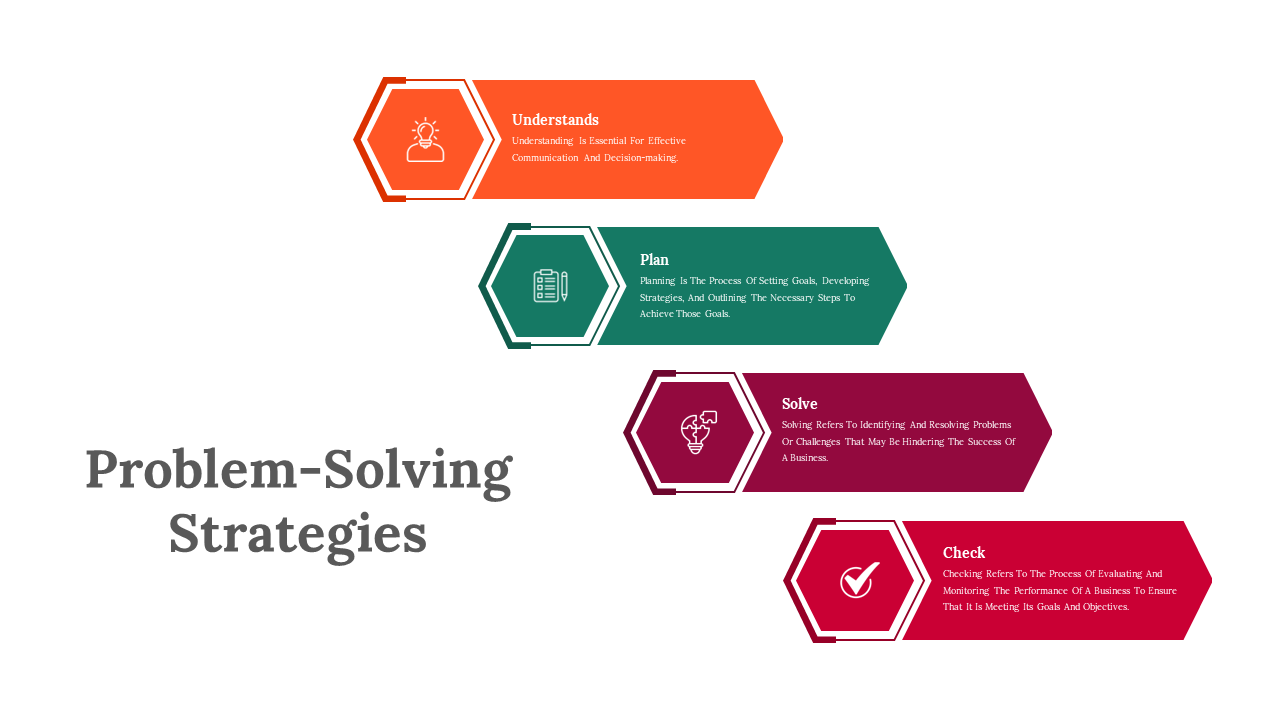 Slide pack on problem-solving strategies with colorful hexagonal designs and detailed flowcharts for stepwise guidance.