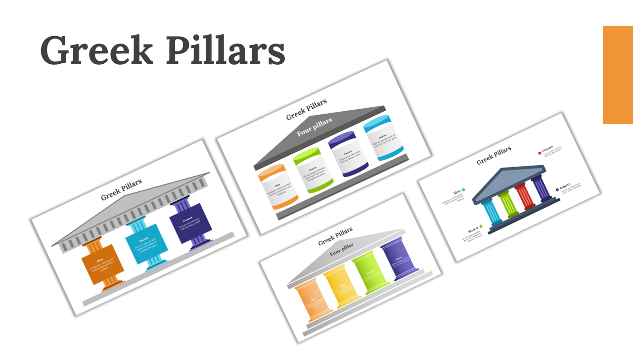 Slide deck featuring colorful Greek pillars in various layouts, each supporting a roof with text boxes inside.