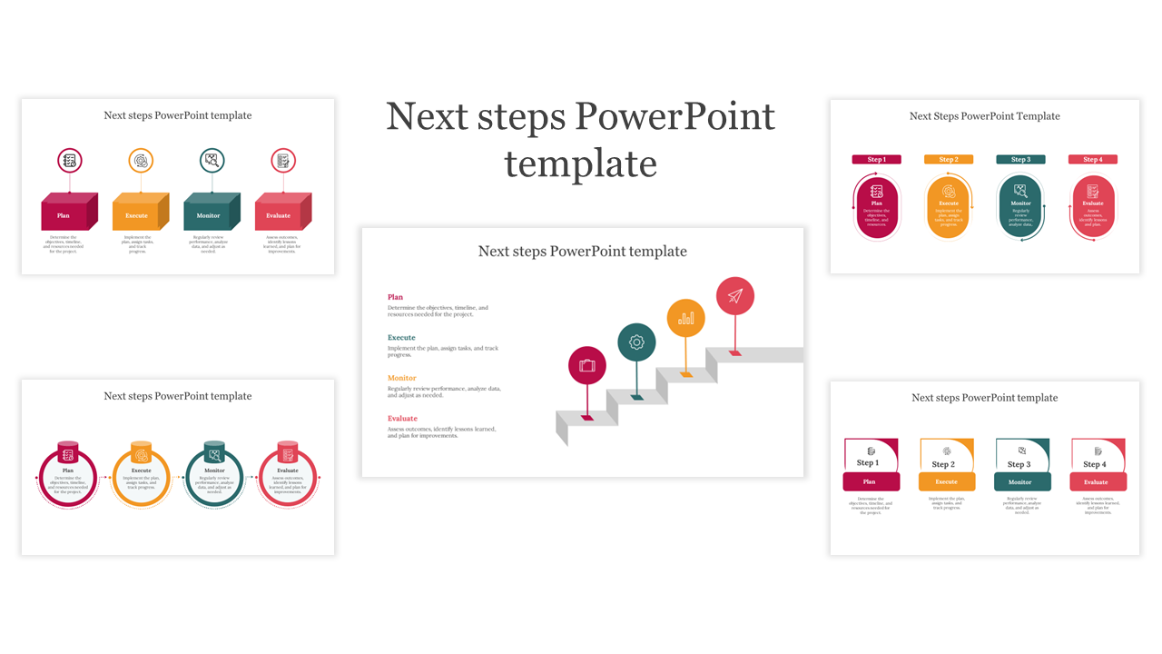 A pack of slides to outline the next steps, using a combination of icons, and text boxes for clarity and visual appeal.