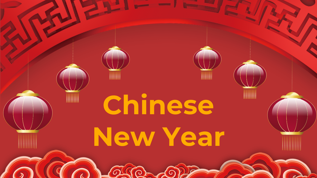 Chinese New Year PowerPoint slides with the red and gold theme, featuring traditional lanterns and decorative icons.