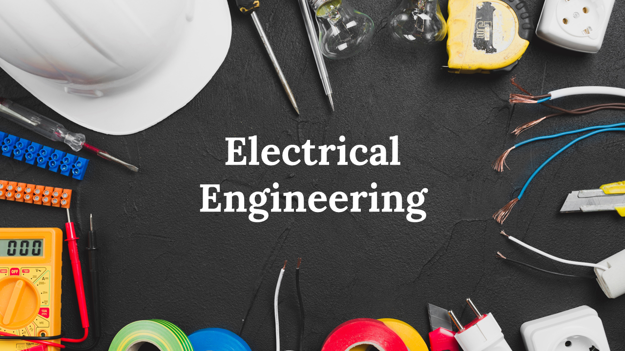 Electrical engineering background slides with various tools arranged on a dark surface with text descriptions.