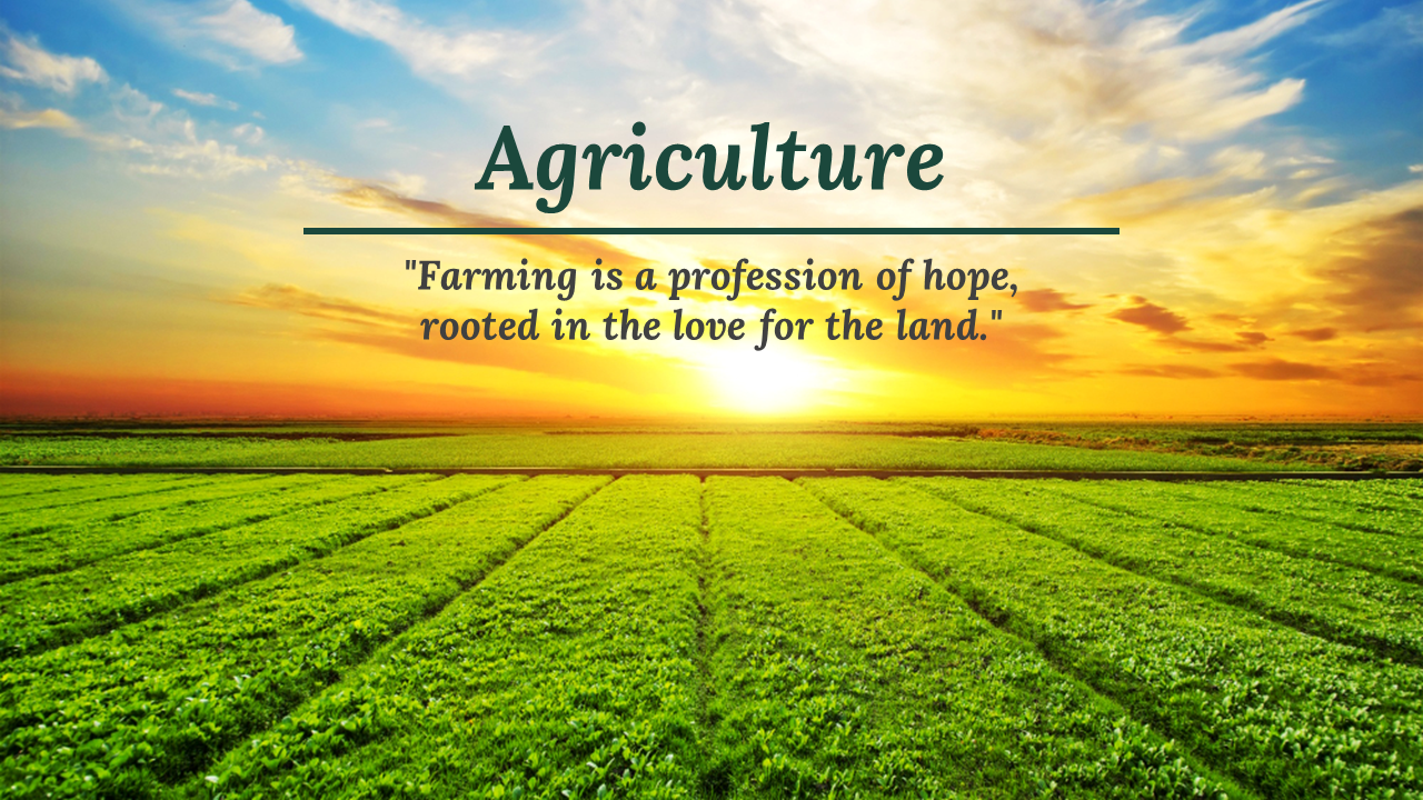 A collection of agriculture-themed background slides featuring vibrant green fields under a bright sky with inspirational quotes.