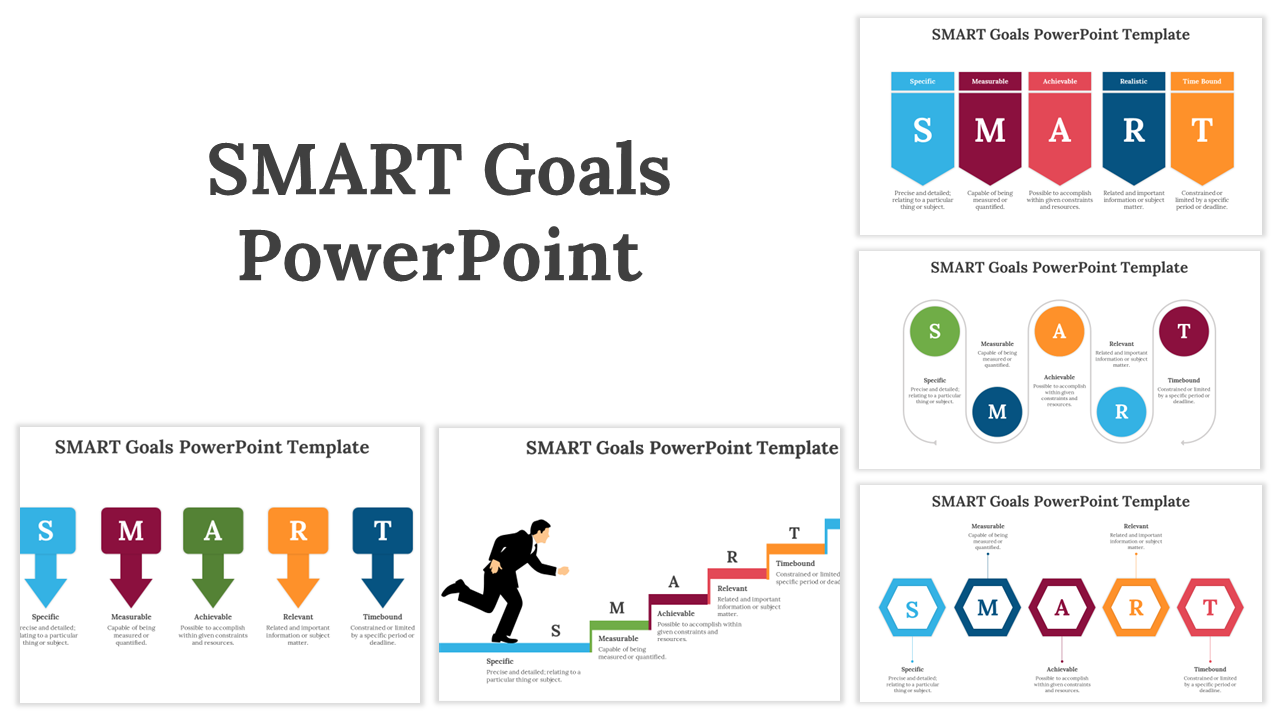 SMART Goals slide deck featuring various slides with colorful icons, flowcharts, and goal setting steps.