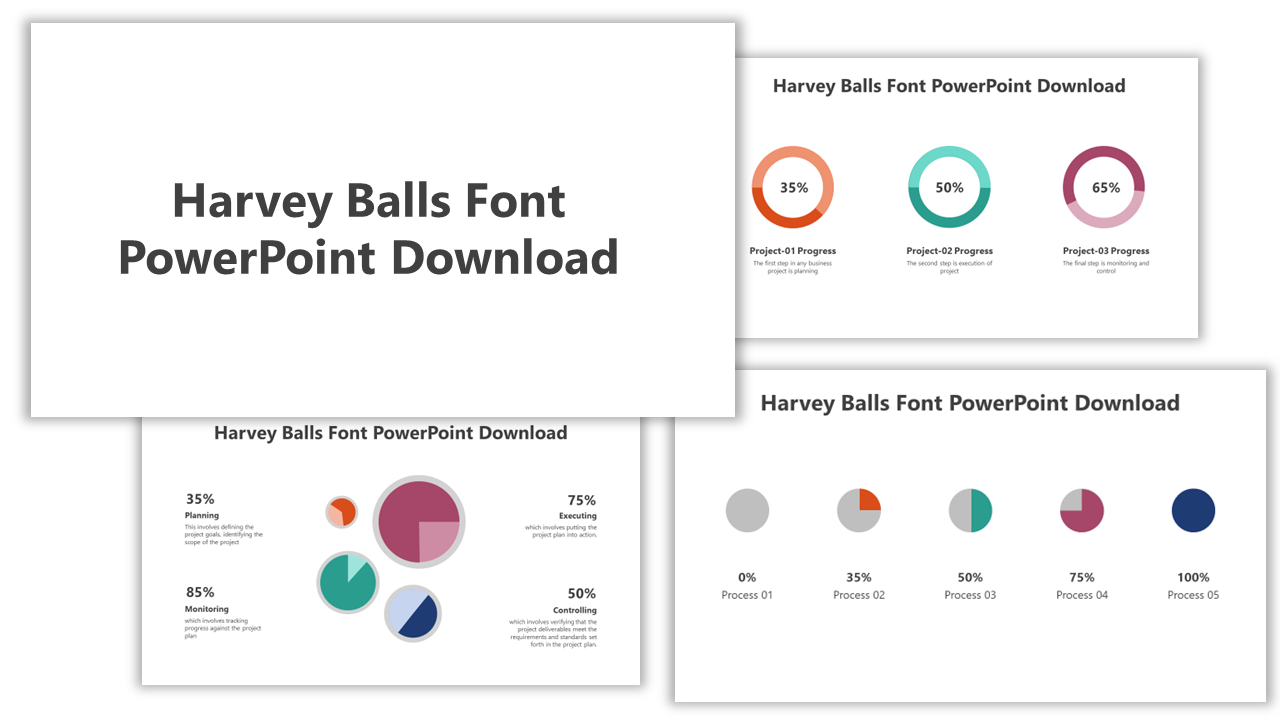 Slide deck with harvey balls charts in various colors, featuring circular segments to indicate percentage progress.