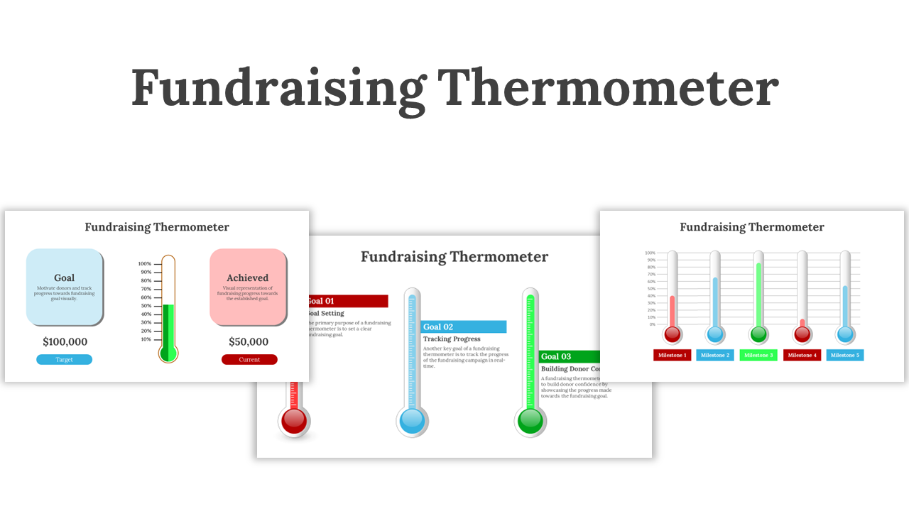 Slides featuring fundraising thermometers in red, blue, and green, visually tracking goal achievement with labeled sections.