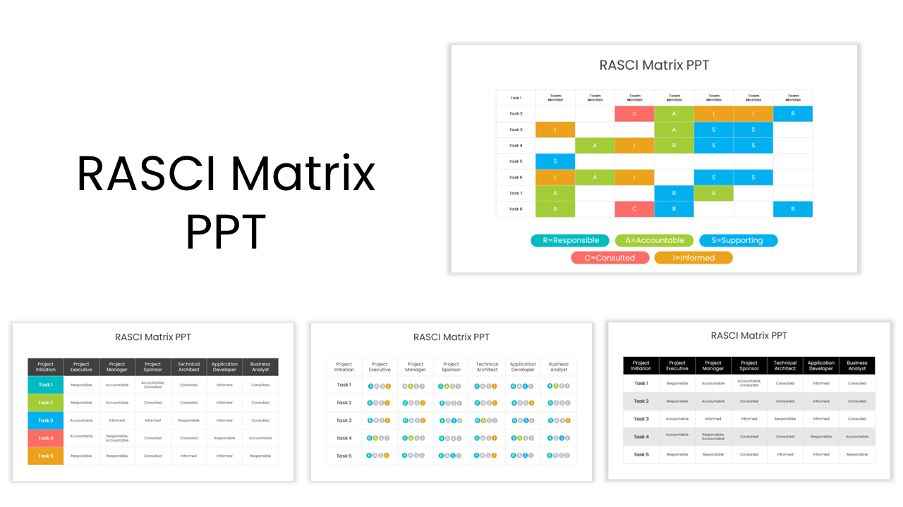 RASCI matrix slides with tables in various colors representing the roles of team members for project assignments.