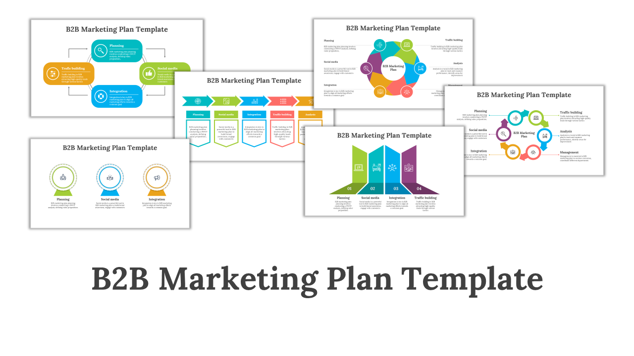 Slide deck showcasing colorful B2B marketing diagrams with arrows, charts, and flowcharts in a professional layout.