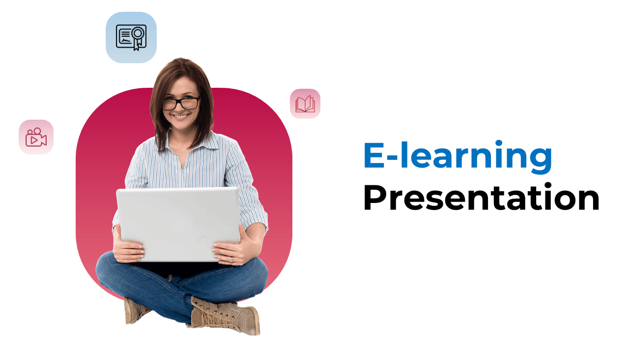 E-learning themed slide deck with a central image of a woman using a laptop and various educational icons.